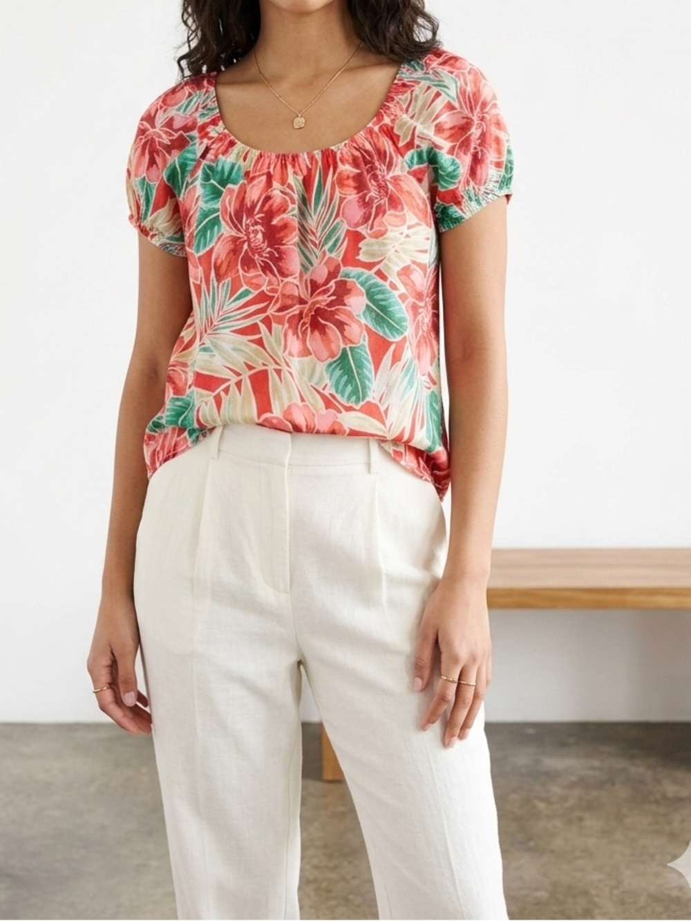 Counterparts Coral and Green Floral Off-Shoulder Tunic